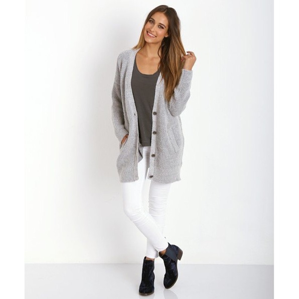 Free People Cardigan Sweater Women Large Grey Ribbed Alpaca Wool Blend Oversized